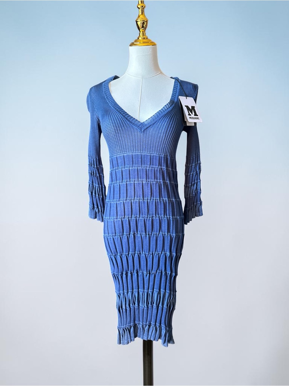M by Missoni Blue Ribbed & Smocked V-Neck Midi Dress